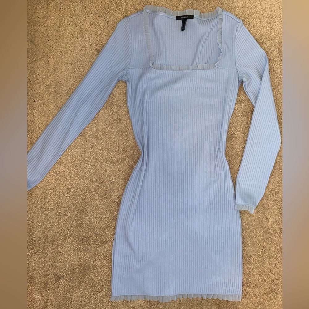 Forever 21 Light Blue Periwinkle Ribbed Fitted Long Sleeve Mini Dress